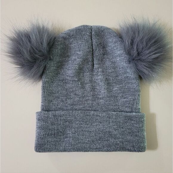 Women's Gray Double Fur Pompom Knitted Hat Book Lover Beanie - Picture 4 of 5